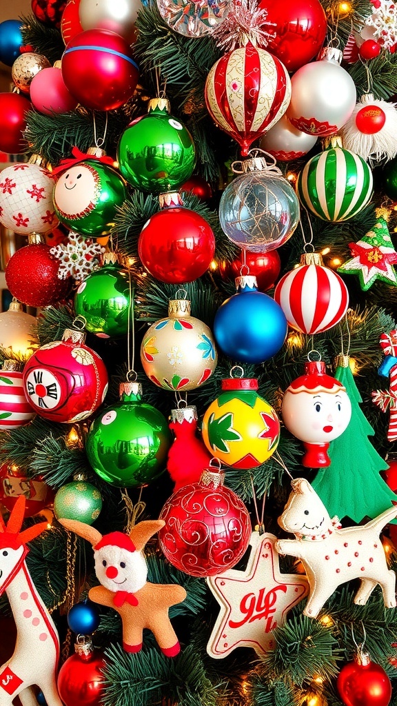 A collection of colorful 1980s Christmas ornaments on a decorated tree.